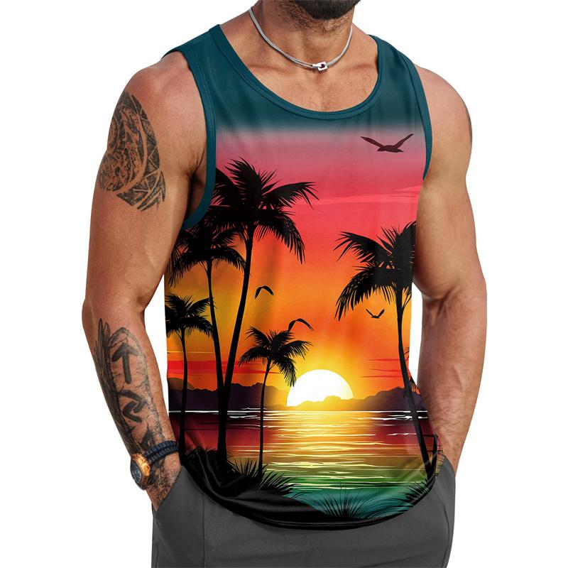 Camiseta sin mangas con estampado de palmera tropical para hombre, impresión 3D, sin mangas, verano, calle, hawaiana, playa, entrenamiento, fitness, camisetas