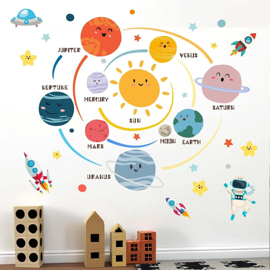 Space Planets Wall Decals - Astronaut Rocket Stickers - Kids Room Nursery Decor