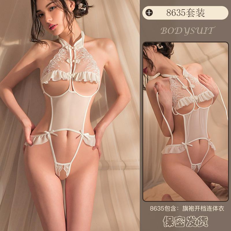 Yiyue new sex underwear sexy lace cheongsam onesie women's small chest uniform open pajamas 8111