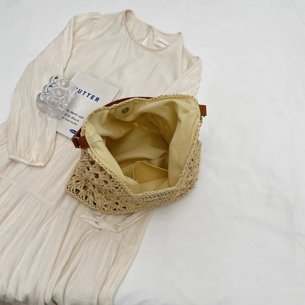 2025 Summer Straw Knitting Bag Hollow Out Tote Bag Solid Beach Shoulder Bag Holiday Travel Handbag Boho Shoulder Purse for Women