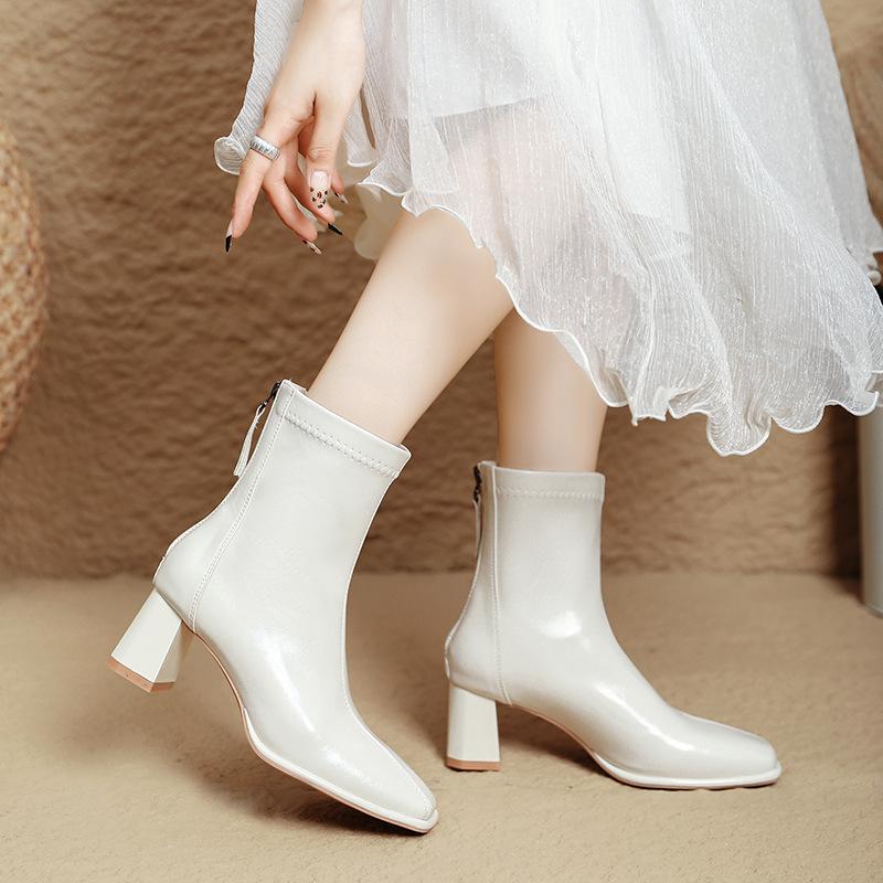 White French Small Short Boots Women's Spring and Autumn Single Boots 2025 Autumn and Winter New Women's Thin Boots Thick Heel Square Head High Heel B