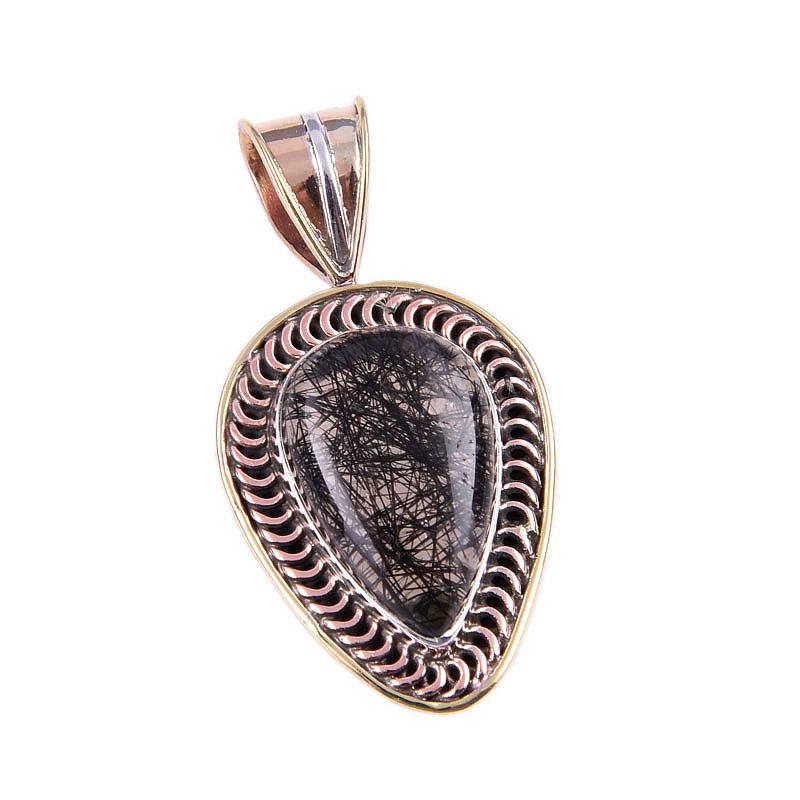 Natural Black Rutile 925 Solid Sterling Silver TwoTone Gift Pendant 1.50" W1h08