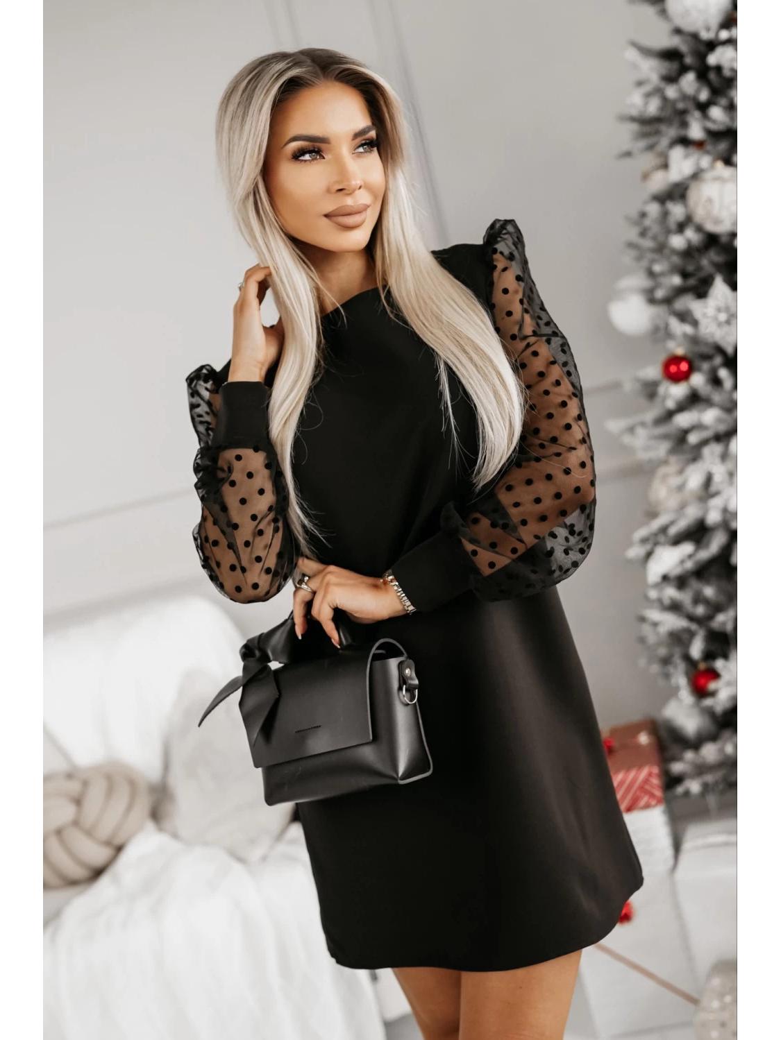

2025 European & American Fashion Mesh Sleeve Round Neck Midi Dress L чорний