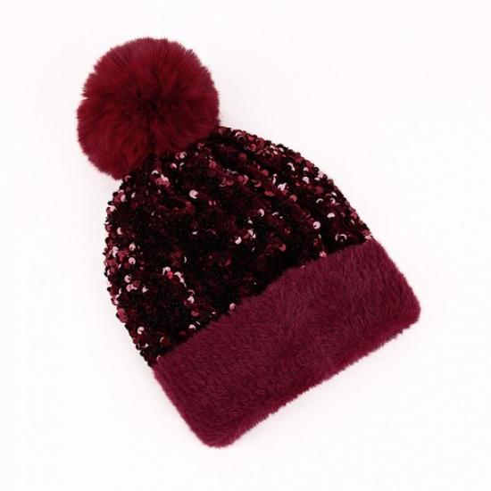 Women Warm Faux Fur Beanie Bobble Pom Pom Hat Sequin Cute Ski Snow Winter Hat