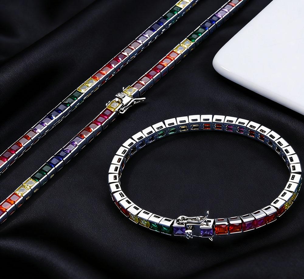 Хип-Хоп Украшения 4 мм Квадратный Радужный Цирконий Теннисная Цепь Высококачественный Кубический Цирконий Сверкающий Роскошный Мужской и Женский Браслет Подарок 7 inch(17.78cm)
