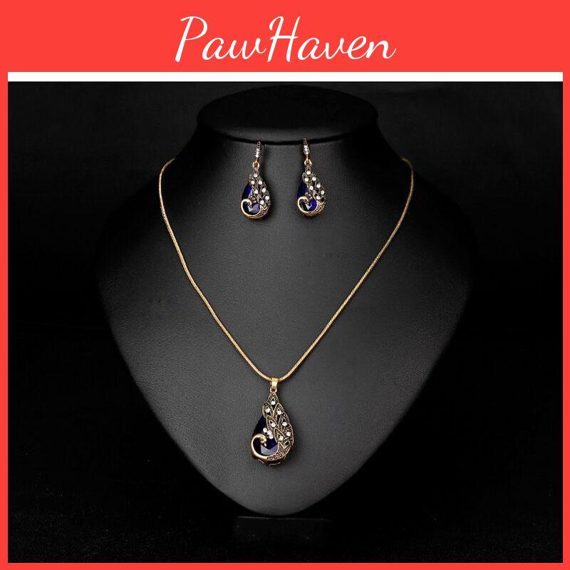Stunning Waterdrop Blue Zircon Peacock Necklace And Earring Set Perfect For Holiday Celebrations