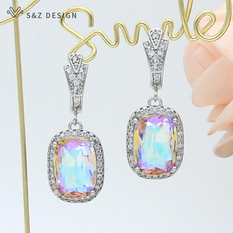 Fashion Elegant Rectangle Crystal Drop Earrings For Women Wedding Rose Gold Color Cubic Zirconia Eardrop Jewelry