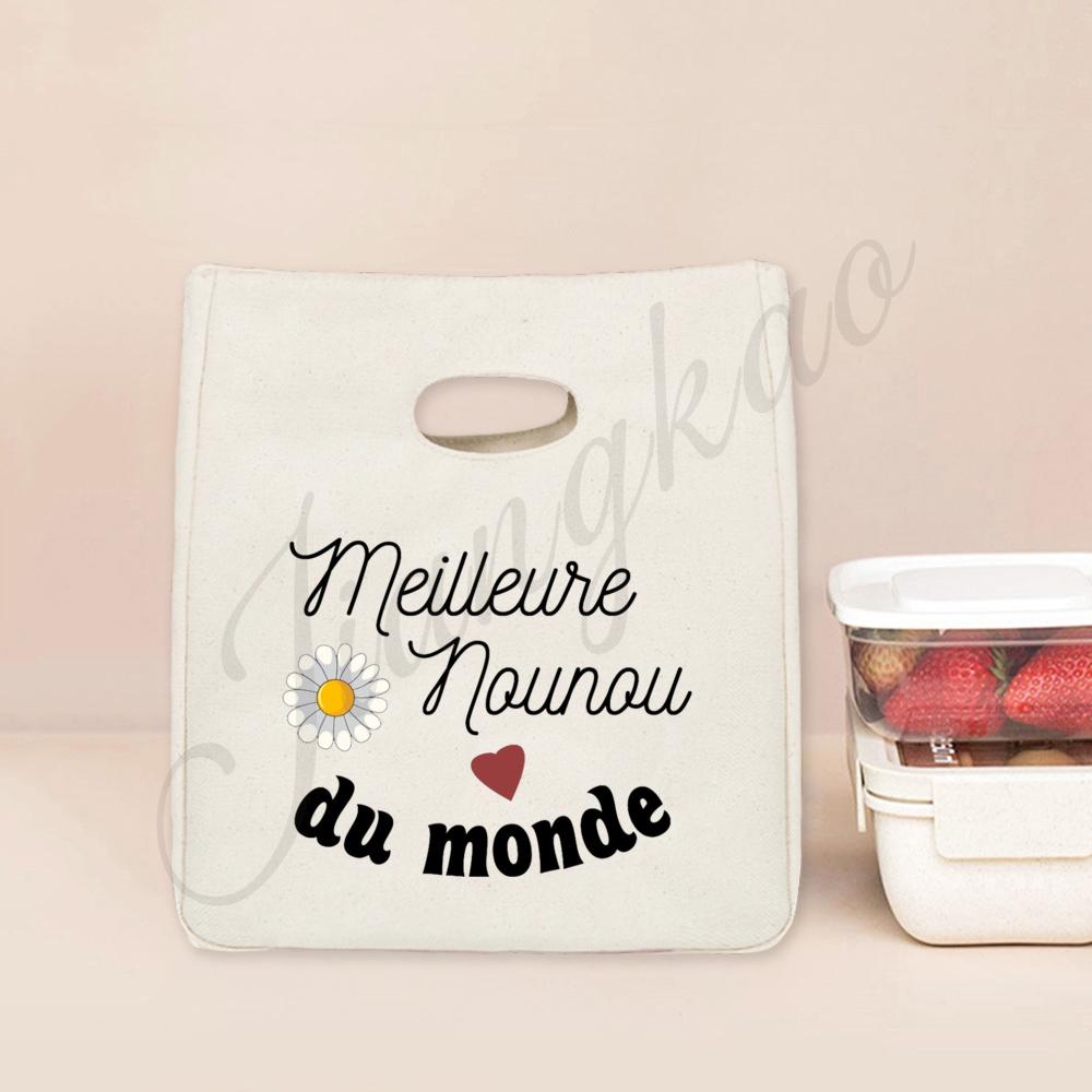 Beste Nanny der Welt Aufdruck Lunchtasche Tragbar Isoliert Canvas Kühltasche Bento Tasche Thermisch Lebensmittelaufbewahrungstaschen Geschenk für Nounou