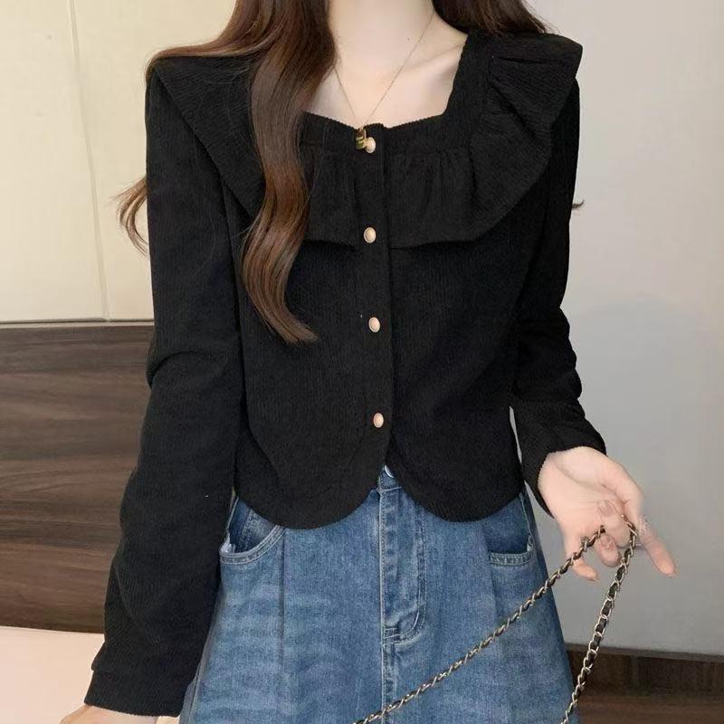 

Design Lotus Leaf Neck Long Sleeve Knitted Sweater Women s Corduroy Autumn and Winter New Unique Inner Bottom Top S чорний