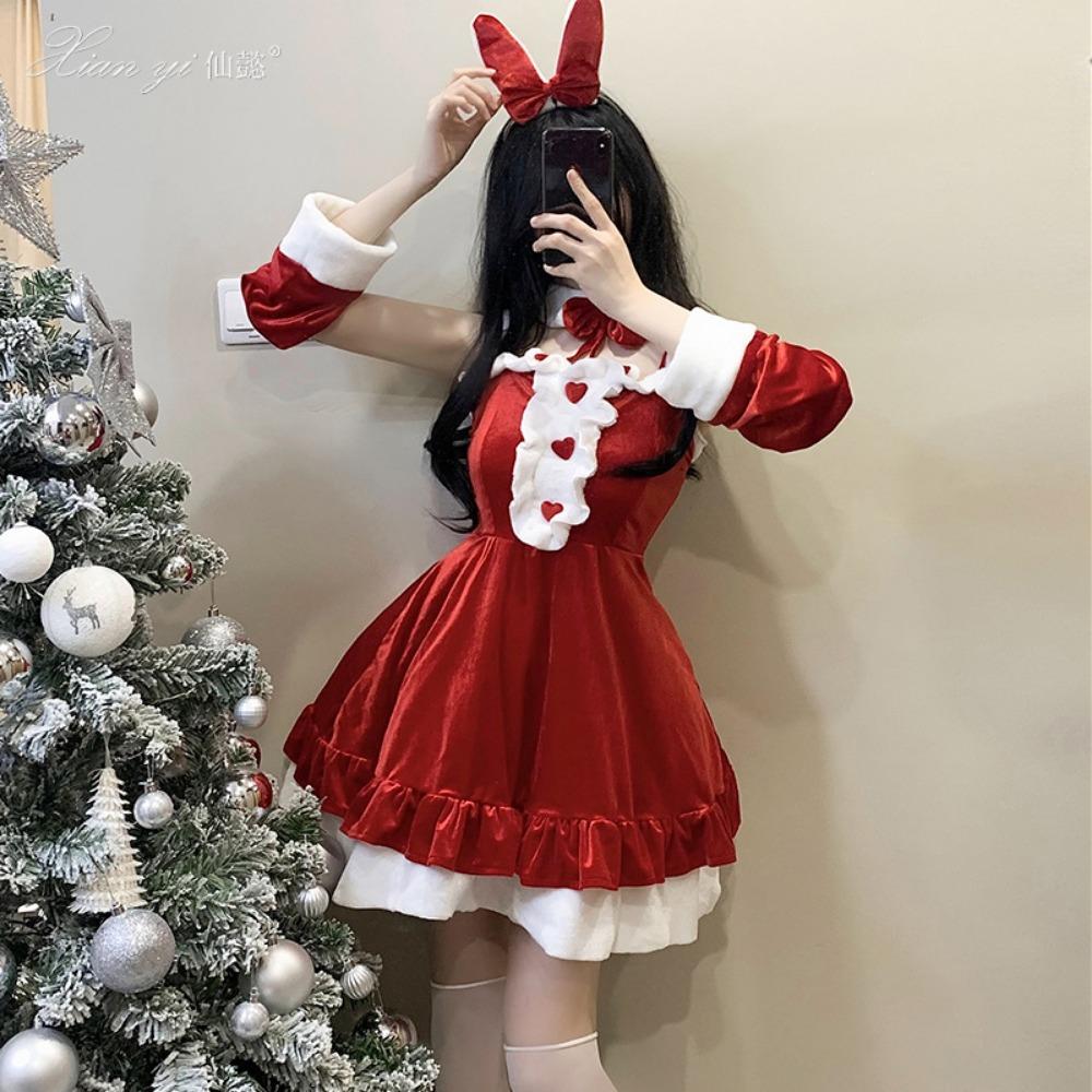 Xian Yi Christmas Dress Sexy Red Velvet Dress Plus Size Party Prom Bunny Cos New Year's Robe