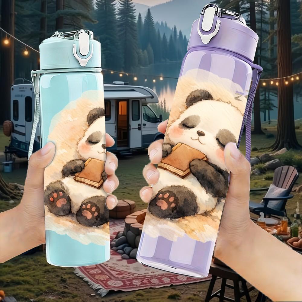 1PC Fluffy Panda Soft Watercolor Print 750ml Color Plastic Sports Water Bottle Leakproof Flip Straw Lid Suitable for Sports Office Home Use