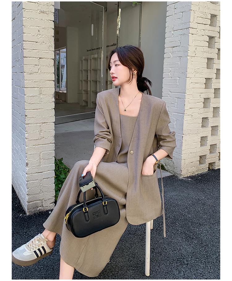 Premium V-Ausschnitt Anzug Rock & Ärmelloses Kleid Set für Damen - Sophistizierter Herbststil