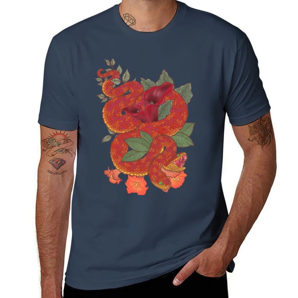 Red Bush Viper With Lilies Tshirt Relaxed Casual Short Sleeve Tee