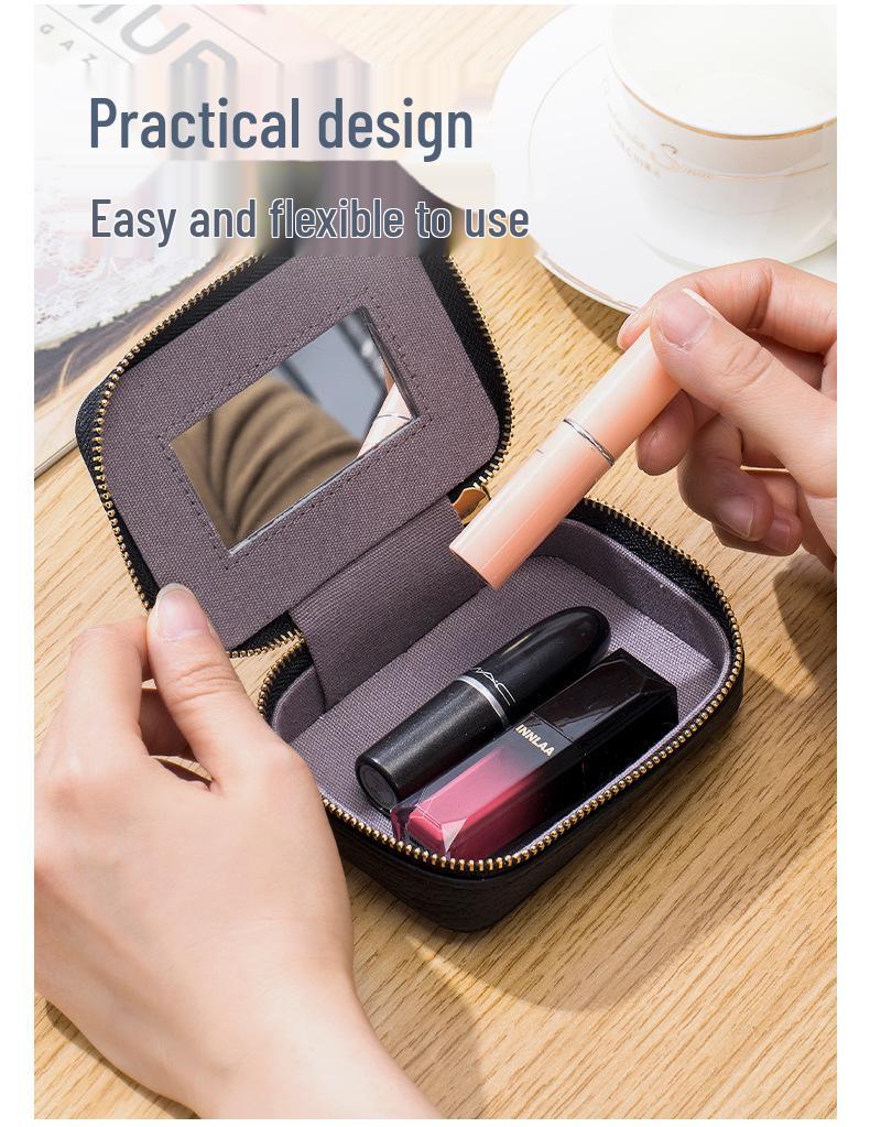 Genuine Leather Lipstick Bag with Mirror - Mini Makeup Pouch, Coin Purse, & Earphone Holder for Women.