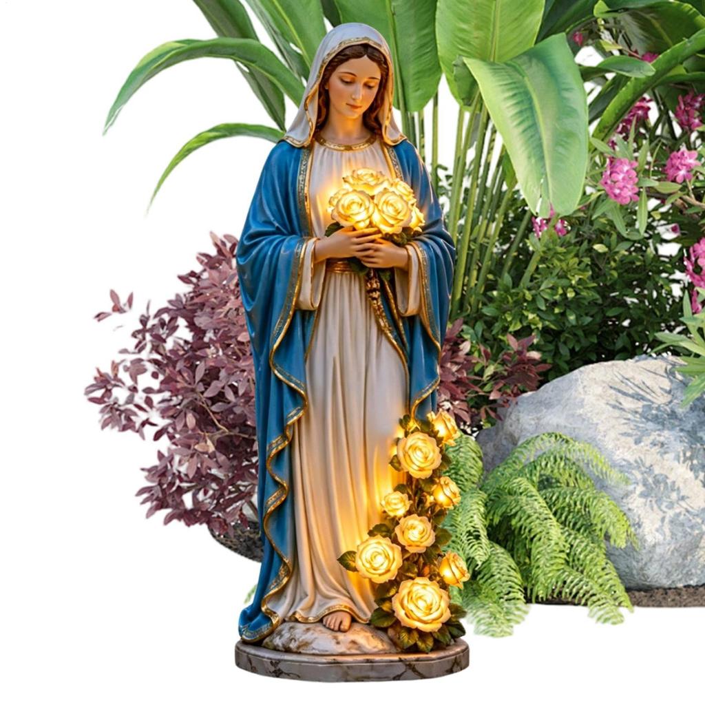 Mary Lady Garden Light Solar Resin Waterproof Decorative Lights Mary Statue Flowers Goddess Statue with LED Luminous Rose