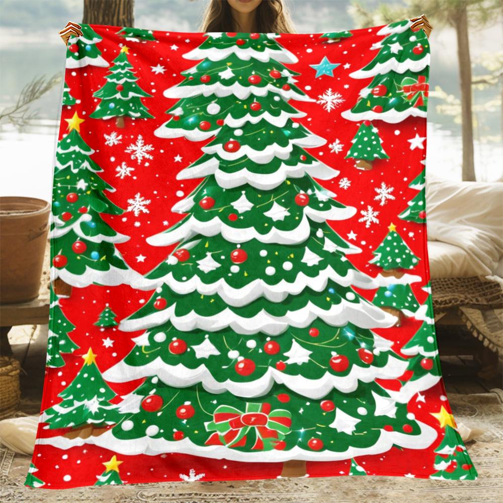 1pc Festive Christmas Tree Print Flannel Blanket - Soft, Warm, Lightweight Polyester Fiber Throw for Sofa, Bed, Travel, Office -