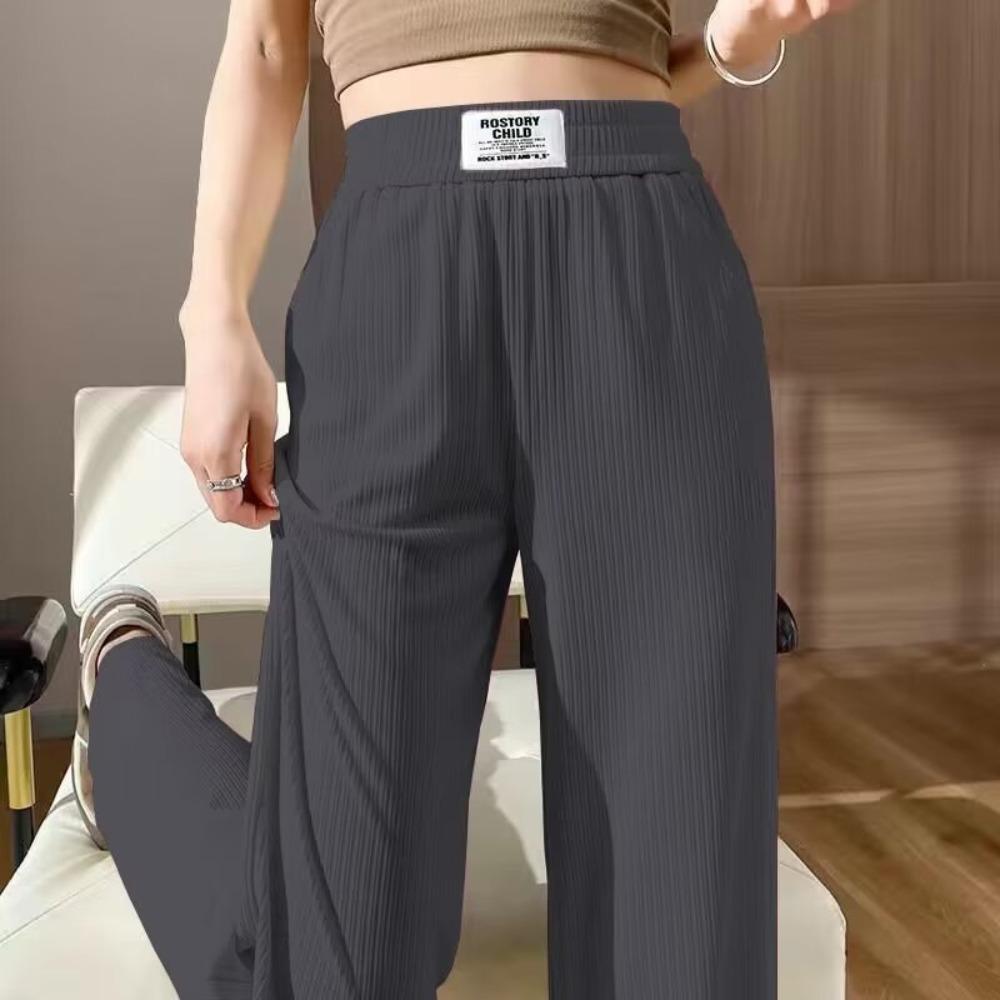 Women's Elastic High Waist Wide Leg Pants Loose Straight Ice Silk Vertical Striped Drape Casual Drawstring Hem Long Trousers For Summer Daily Wear