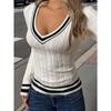 IHUASU Women's Fashion Casual Solid Color Print Autumn Winter V-Neck  Long Sleeve Loose Sweaters