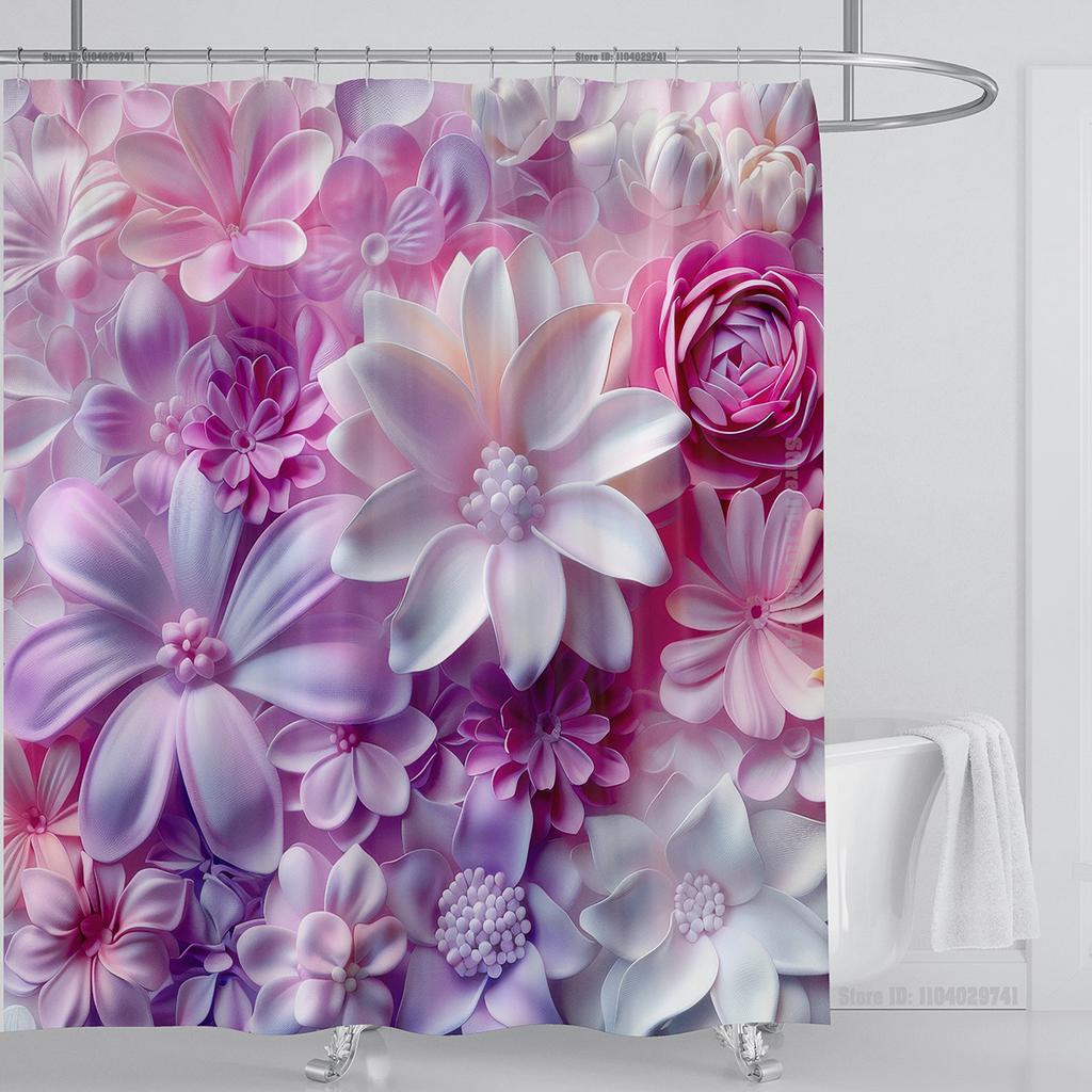3D Red Floral Shower Curtain Set Pink Flower Design Fabric Bathroom Decor Waterproof Washable Shower Curtain Set with Hooks