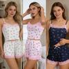 Womens Lace Bow Flower Print Sleeveless Short Pajama Set With Breathable Knit Fabric For Indoor And Outdoor Comfort
