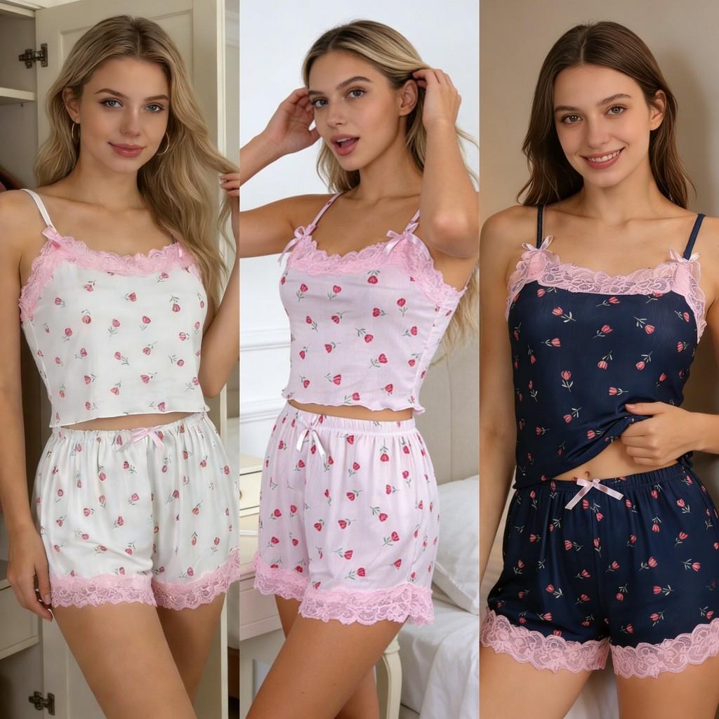 Womens Lace Bow Flower Print Sleeveless Short Pajama Set With Breathable Knit Fabric For Indoor And Outdoor Comfort