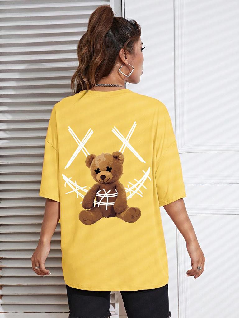 Ein Stoffbär mit einem Verbanddruck T-Shirts Damen Lässig Weiche Oberteile Mode Cooles T-Shirt Kleidung Straße Sommer Kurze Ärmel