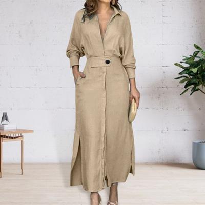Fall Spring Women Dress Slim Waist Long Sleeves Split Hem Pure Color Lapel V Neck