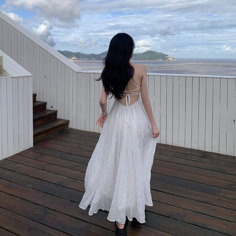 Summer Blue Pure Desire Wind Beach Vacation Backless Waist Thin Big Skirt Suspender Long Skirt