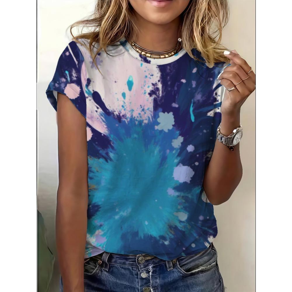 

Women s loose round neck T-shirt, abstract blue art print, soft and breathable short sleeves, XXS