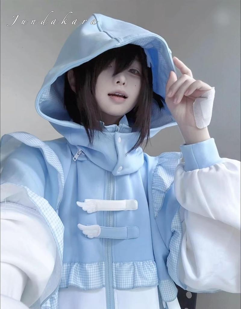 Jundakara Light Blue Long Subculture Angel Sickly Color Loose Size M Women's Hoodie, Sleeve, Style, Wings, Hooded, Ruffles, Angelic, Cute, Block,