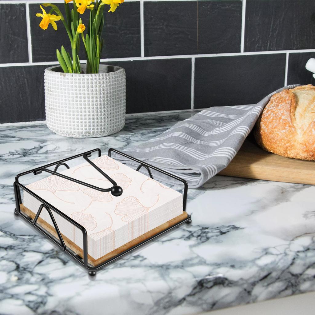 Iron Napkin Holder Flat square tissue box with Wooden Base for Hotel coffee shop restaurant dining table Tissue Paper Holder