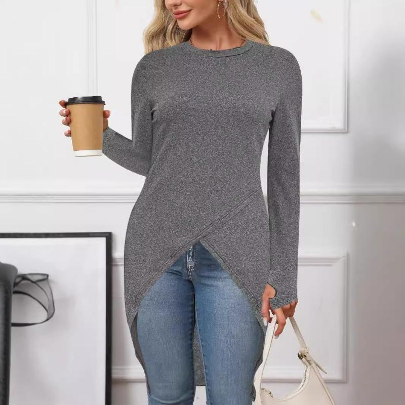 Women's New Solid-coloured Round Neck Long-sleeved Split Casual Temperament Commuting Mid-length Dresses