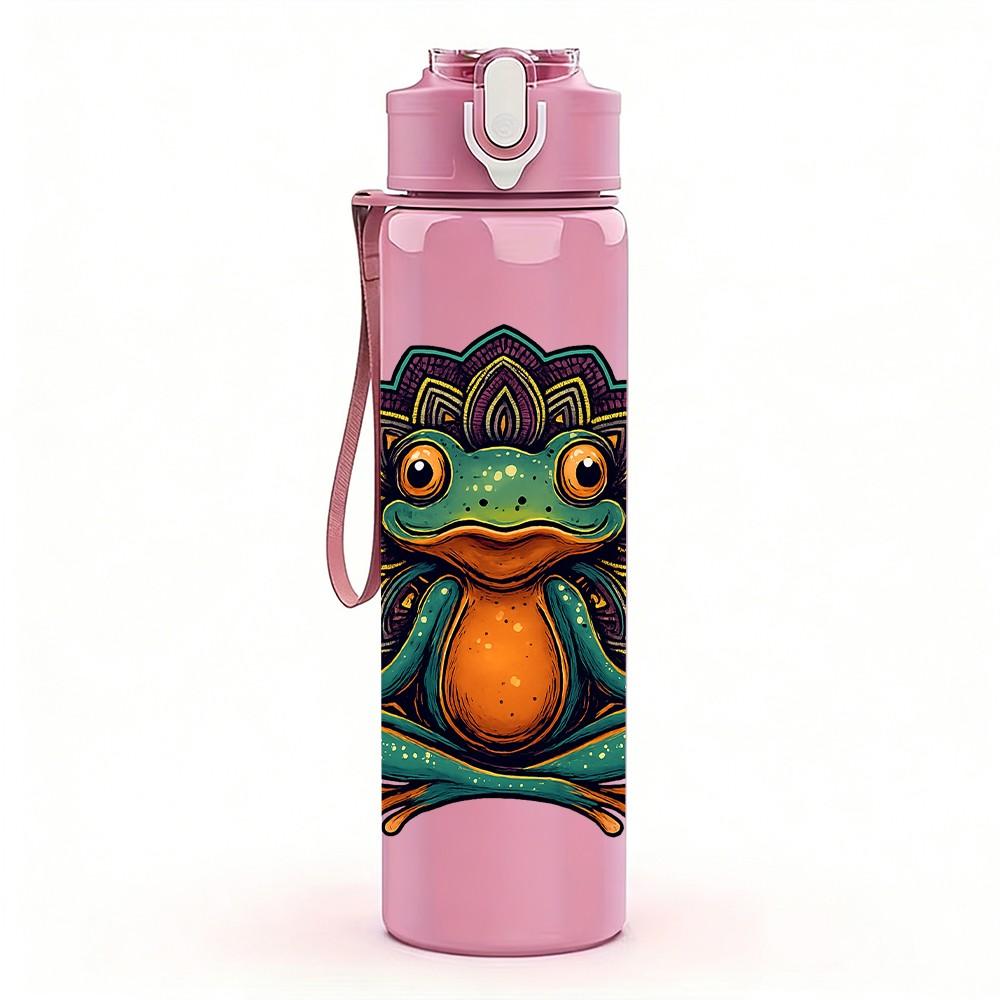 1 Stück Frosch auf Lotos-Kunstdruck 750ml Farbige Kunststoff-Sportwasserflasche Auslaufsicherer Klappdeckel mit Strohhalm Geeignet für Sport, Büro, Zuhause