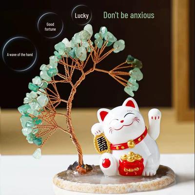 Lucky Cat Crystal Wealth Tree: Solar-Powered Good Luck Ornament for Home Prosperity