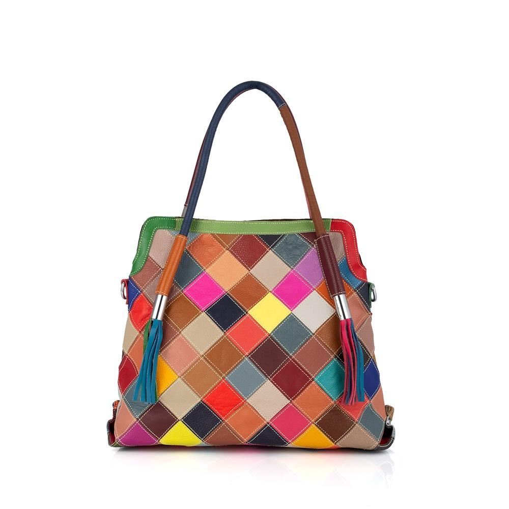 Niche Design Contrasting Color Leather Cowhide Handmade Pattern Tote Bag Shoulder Women'S Bag