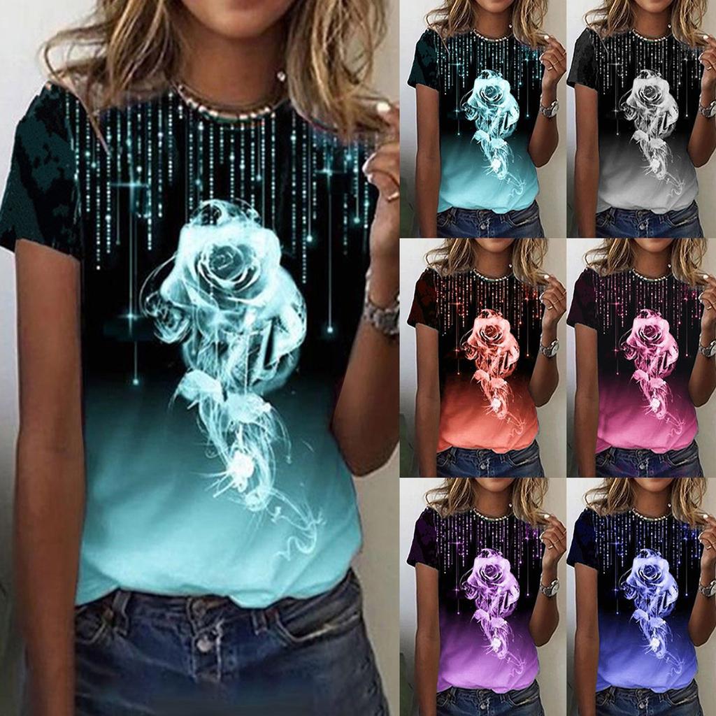 Women's  Fashion Summer New Round Neck Rose Print Short Sleeve Casual T-shirt Top