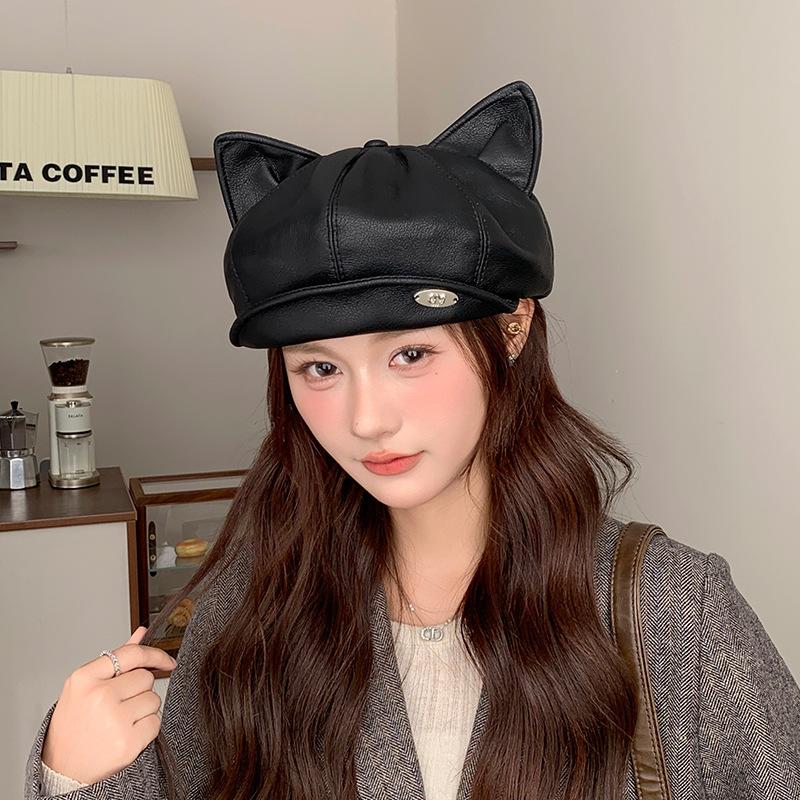

Новая кожаная восьмиугольная шляпа для женщин на весну и осень, ретро однотонная кепка-утка, облачный берет, закрывающий лицо, и маленькая оригинальная шляпа художника One Size