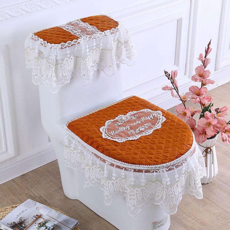 Universal European Style Double-Sided Toilet Seat Cover Set with Zippered Lace Fabric - All Seasons, Three-Piece Set.