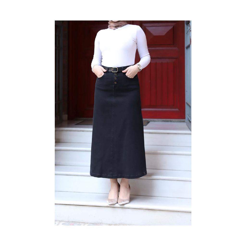Natural Fabric Belted Denim Skirt - Black