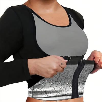 Long Sleeve Sauna Suit Shirt Zipper Design Body Shaper Slimming Shapewear Tank Top  Sports Active
