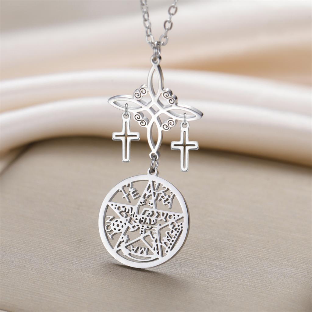 Triple Protection Necklace Cross Witch Knot Pentacle Tetragrammaton Stainless Steel Double Side Amulet Jewelry