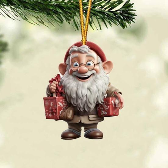 Christmas Ornament Smiling Santa Claus Holding Gift Pendant 3D Effect Acrylic Hanging Pendant Festive Home Decor