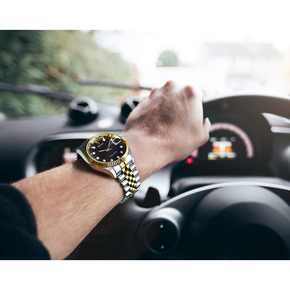 BUREI Men's Automatic Waterproof Analog Mechanical Watch Business Style Date Night Glow Gold Silver Black