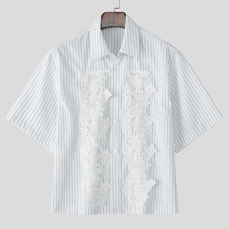 

INCERUN Summer Men Lapel Short Sleeve Lace Patchwork Striped Casual Shirts M белый