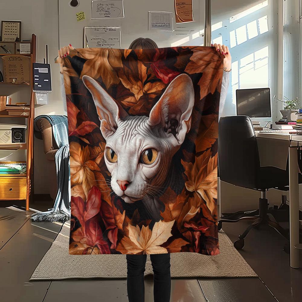 Maple Leaf Cat  Print Flannel Blanket, High quality Comfortable for All Seasons, Home Decor, Warmth and Comfort