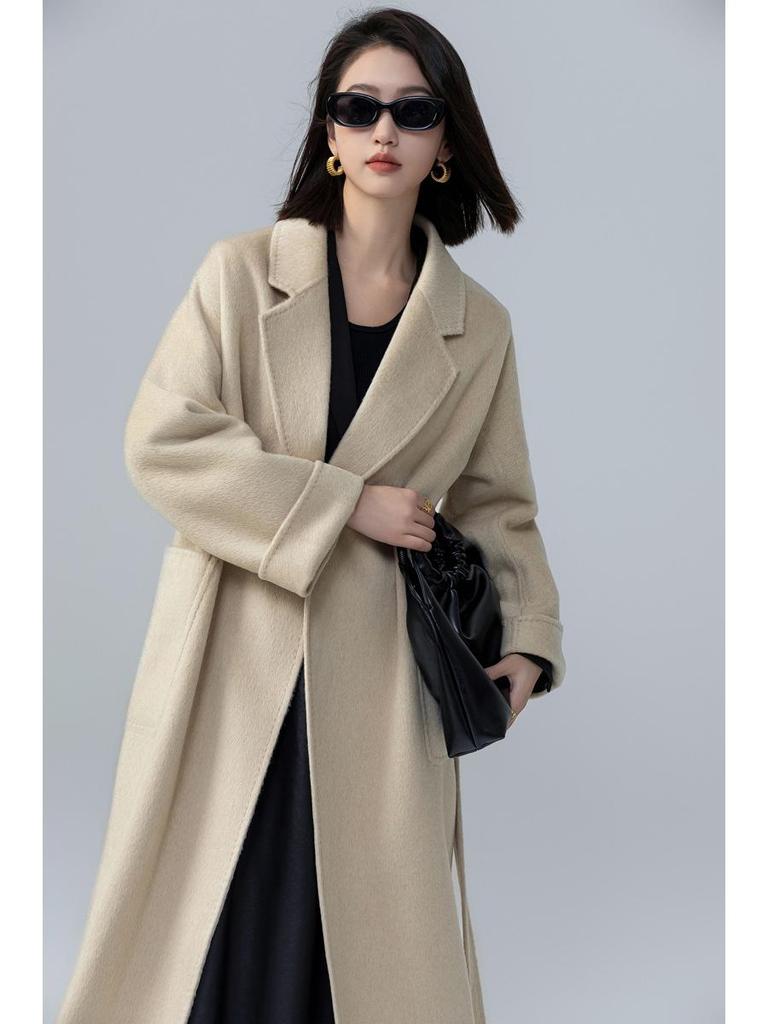 Petite Women's Mid-Length Camel Wool Coat - Loose Double-Faced Cashmere with Tie-Waist for Autumn and Winter.