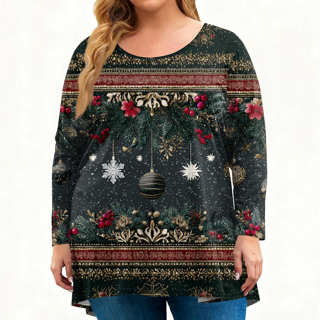 Women's Fashionable Casual Long Sleeved Plus Size  Print Top Plus Size Floral Print Top