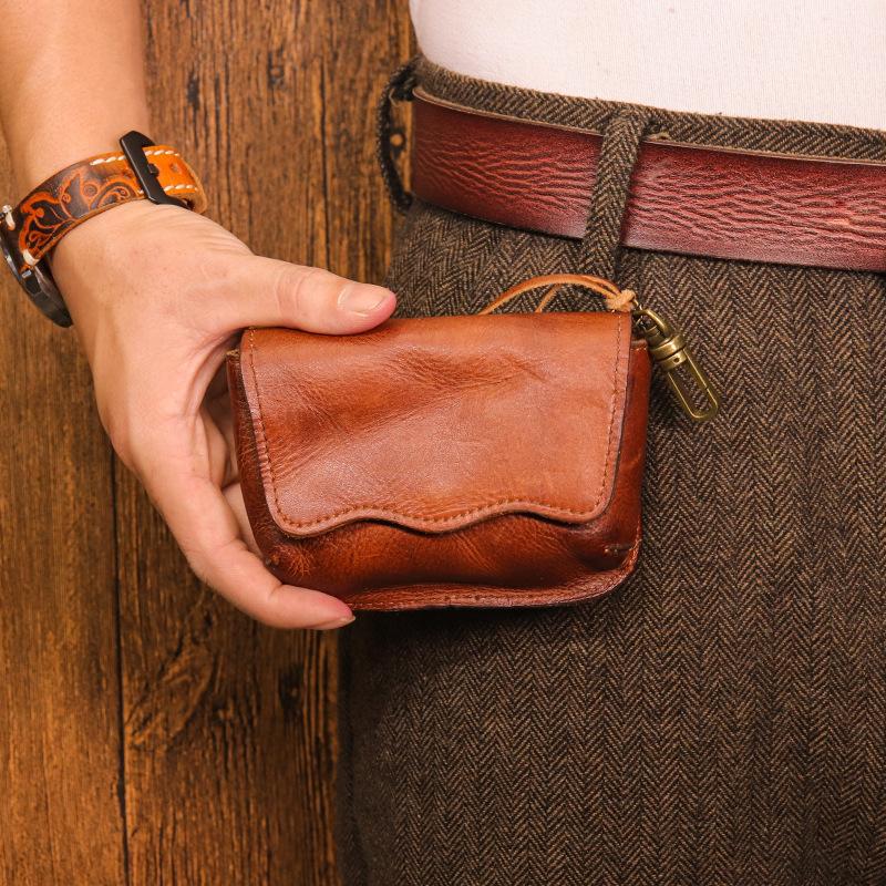 Head Layer Cowhide Key Bag for Men, Made of Aged Vegetable Tanned Leather, Pleated Waist, Hanging Key Buckle, Multifunctional Coin Purse