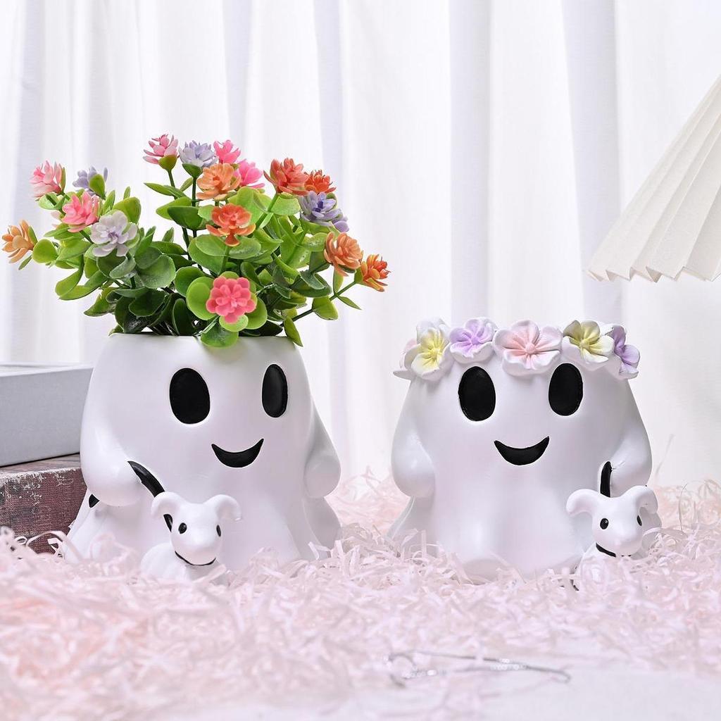 Halloween Ghost Treat Bucket, Resin Planter Pot Pen Holder Flower Vase for Bedroom Home Party Festival Decor