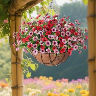 Künstliche Blumen-Mittelstücke im Korb mit Kokosfutter zum Aufhängen